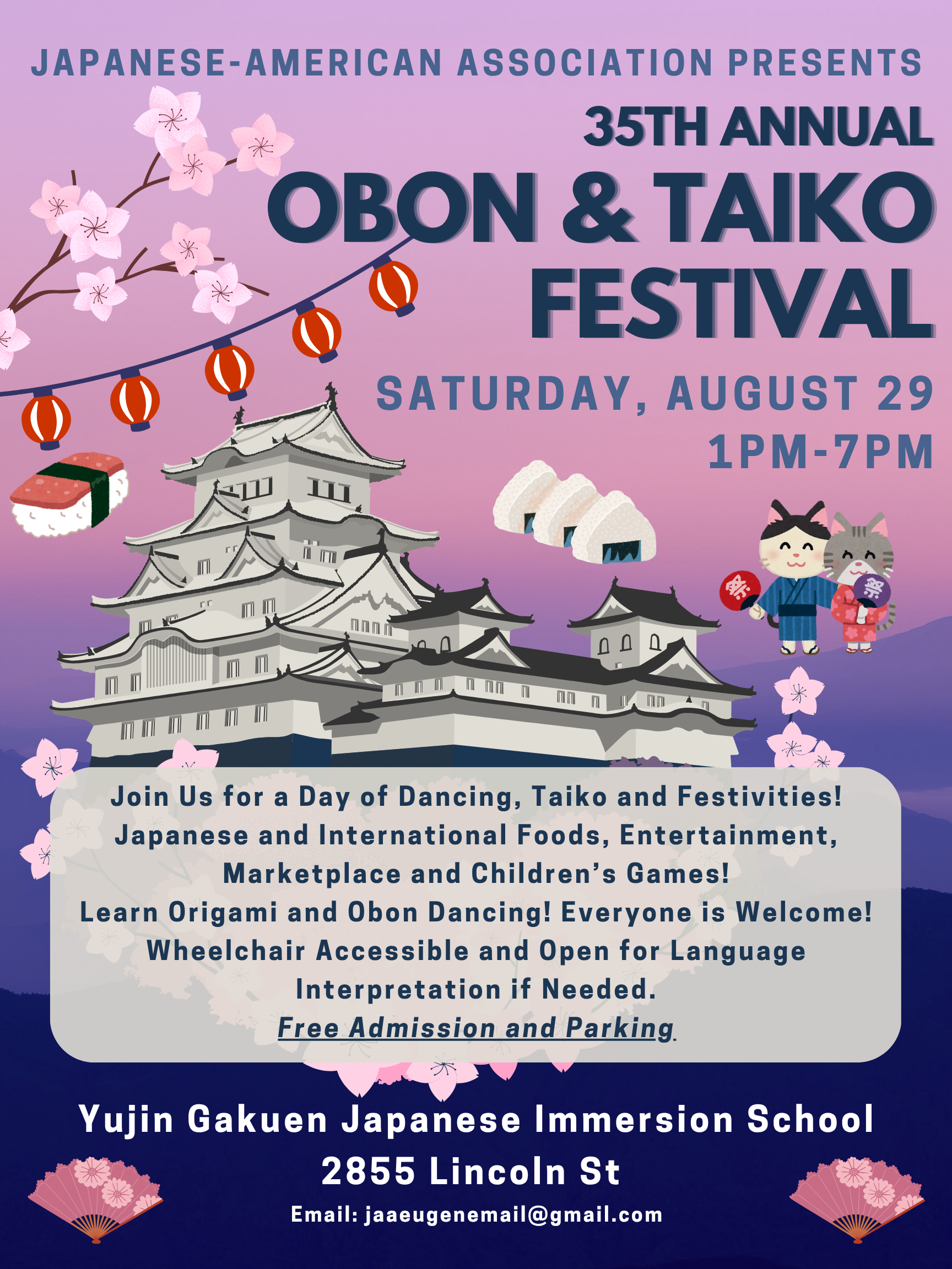 2026 Obon and Taiko Festival poster showing the festival date and time.